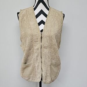 Vintage Free Sport Terry Textured Tan Vest Knit Tie Back & Pockets Zip Up Sz L
